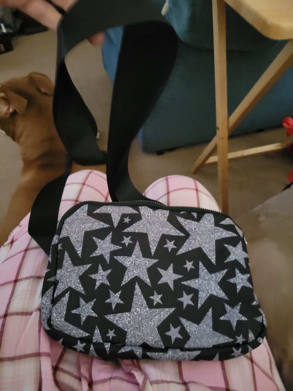 Black Crossbody Bag with Silver Glitter Star Print